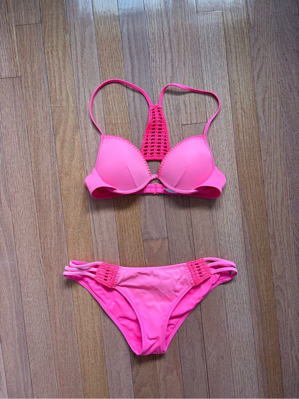 Vintage Victoria's Secret Hot Pink Crochet-Back Bikini Set